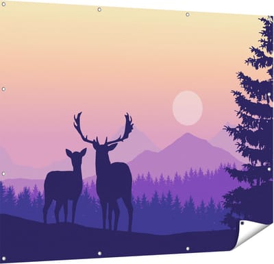 Gards Tuinposter Twee Herten - Zonsondergang - Silhouet - 150x120 cm - Tuindoek - Tuindecoratie - Wanddecoratie buiten - Tuinschilderij