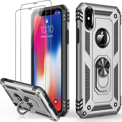 Telefoonhoesje Geschikt voor: iPhone XS Max hoesje Schokbestendige ring armor met 2X Glas Screenprotector zilver