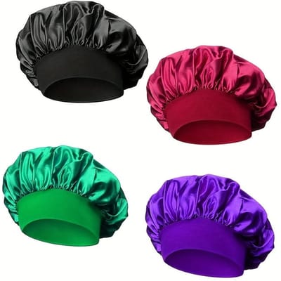 4-delige set douchemutsen-Satijnen muts Zijden muts Bonne voor slapen Haarmuts met strikband Mutsen voor dames heren black