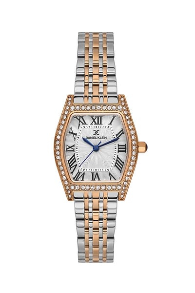 Daniel Klein DK.1.14106-6 - Horloge - Polshorloge - Analoog - Dames - Vrouwen - Ovaal - Stalen band - Metaal - Romeinse cijfers - Strepen - Briljant - Bolletjes - Zilverkleurig - Rosékleurig - Wit - Zwart - Donkerblauw