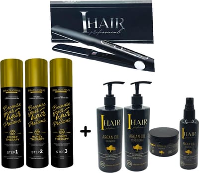 BraziliCious Honey Therapy Keratine 3 x 1000 ml + Lizze Stijltang 250 ° + Onderhoudsshampoo & Conditioner & Masqu & Argan oil