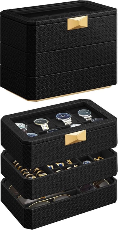 MAZAZU - Horloge opbergdoos- Zwart - 3 laags - 27.3x16.3x20.5