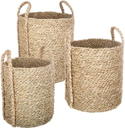 Ronde, hoge decoratieve manden met rieten handvatten, set van 3