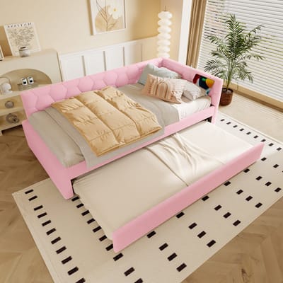 DESMIU Gestoffeerd Bed 90x200cm Met Matras – Dagbed Met Uittrekbaar Bed En Leeslamp – Bed Met USB En Type-C Oplaadfunctie – Ideaal Voor Kinderkamer En Slaapkamer – Bouclestof – Roze