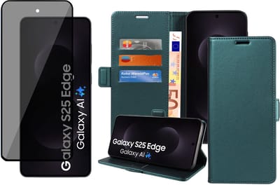 Book Case & Privacy Screenprotector geschikt voor Samsung Galaxy S25 Edge Hoesje Screenprotector - Privé - Gehard Glas Cover - Magnetische Sluiting - Portemonnee Turqoise