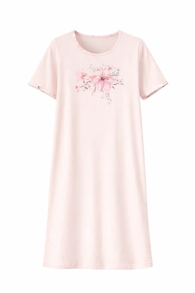 Ascafa - Dames Nachthemd Deluxe - Korte Mouw - 100% Katoen - Lichtroze - 95 cm - Maat 42