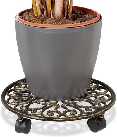 Set van 2 Stevige Plantenrollers van Gietijzer Rond Ø 33,5 cm Antiek Brons