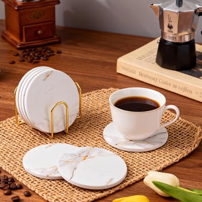 Dailygoods - Keramische onderzetters in marmerstijl, set van 6 met houder, absorberende onderzetters voor glazen, rustieke en moderne decoratie, voor salontafels, bars en boerderijen