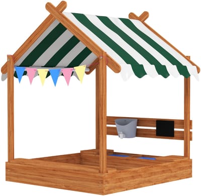 TEKROA® Houten Zandbak voor Kinderen in Huisvorm met Dak - 124x116x146 cm - Incl - Speelgoed, Wasbak & Krijtbord - voor kinderen