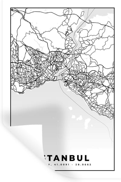 Muurstickers - Sticker Folie - Istanbul - Plattegrond - Stadskaart - Zwart Wit - Kaart - 20x30 cm - Plakfolie - Muurstickers Kinderkamer - Zelfklevend Behang - Zelfklevend behangpapier - Stickerfolie