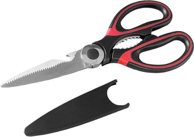 Kortpack - Multifunctionele roestvrij stalen schaar - Zwart/Rood - 1 Stuk - Met beschermhoes - Met flessenopener - Voor links en rechtshandig - Comfortabele grip - (099.0980)