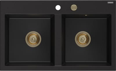 Mexen Hektor granieten gootsteen 2-kamerig 800 x 480 , zwart, gouden sifon - 6521802000-77-G