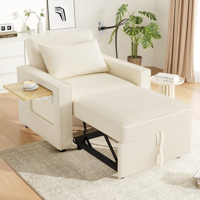 Slaapbank - 1-zits - Opvouwbare relaxstoel met USB en telefoonhouder - Corduroy - Beige