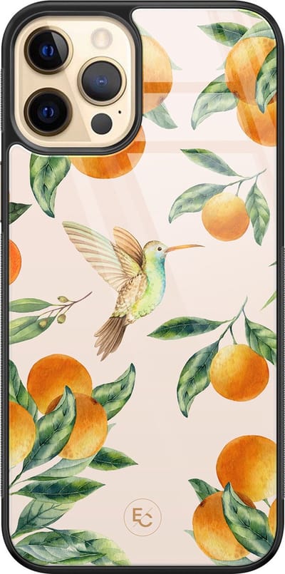 Hoesje geschikt voor iPhone 12 - Tropical fruit - Luxe Hard Case - Bloemen - Oranje - ELLECHIQ