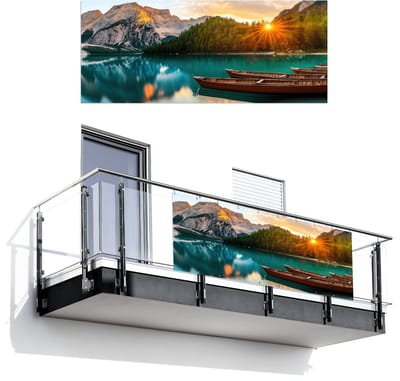 Balkonscherm 300x120 cm - Balkonposter Meer - Bergen - Zonsondergang - Boot - Balkon scherm decoratie - Balkonschermen - Balkondoek zonnescherm
