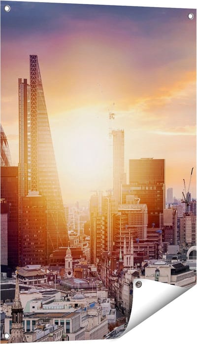 Gards Tuinposter Londen Stad bij Zonsopgang - 60x90 cm - Tuindoek - Tuindecoratie - Wanddecoratie buiten - Tuinschilderij