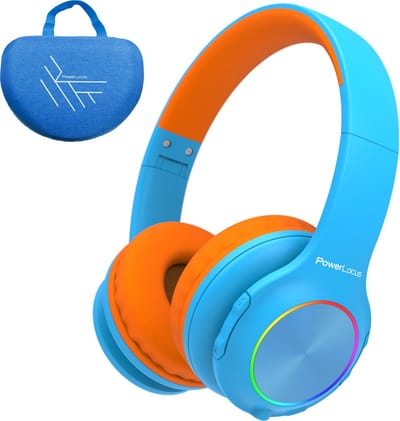 PowerLocus PLED Draadloze Koptelefoon Over-Ear voor Kinderen - LED lampjes - met Microfoon - Micro SD poort - Blauw/Oranje