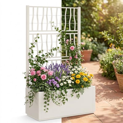 Plantenbak met klimrek - Bloembak - Weerbestendig - Met trellis - Buiten - Plantenrek - 80 Liter - Wit