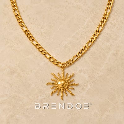 Brendoe Goudkleurige Zon Ketting Unisex – 18K Vergulde RVS Figaro Ketting – Zon Hanger