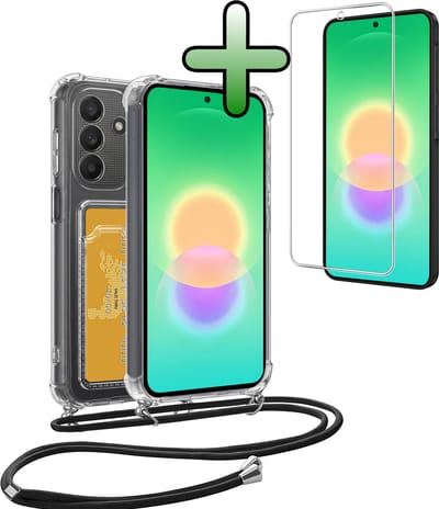 Hoes Geschikt voor Samsung A27 Hoesje Pas Houder Shock Proof Case Hoes Met Koord Met Screenprotector - Hoesje Geschikt voor Samsung Galaxy A27 Hoes Met Telefoonkoord Pasjeshouder Cover - Transparant