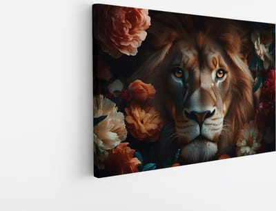 Saammp Canvas Schilderij - Leeuw - Bloemen - Natuur - Landschap - 45x30 - Foto op canvas - Wanddecoratie - Muurdecoratie Woonkamer - Slaapkamer decoratie - Canvas Print
