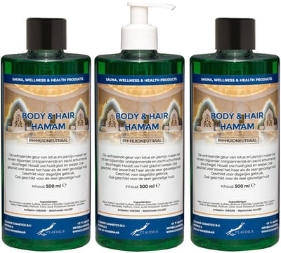 Body & Hair Hamam 500 ml met witte pomp - set van 3 stuks - 2 in 1 voor lichaam en haar - voordeelverpakking