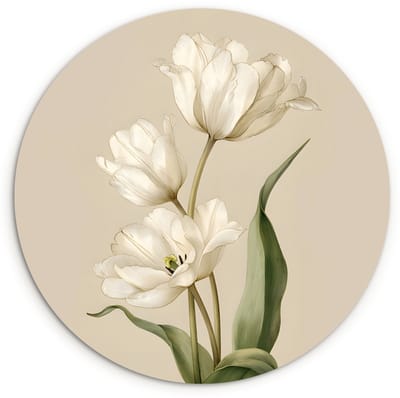 WallCircle® Wandcirkel 120x120 cm - Muurcirkel Tulpen - Wit - Bladeren - Muurdecoratie woonkamer - Wanddecoratie slaapkamer - Kamer decoratie accessoires - Ronde schilderijen XXL