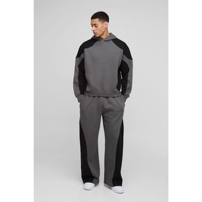 Oversized Boxy Men's Met Naaddetail Capuchon Trainingspak | Black | Size Small