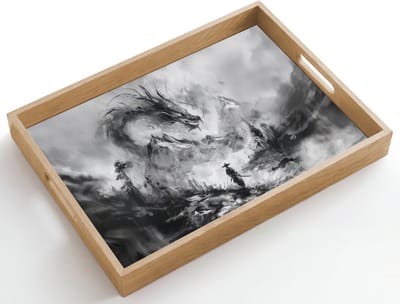 Dienblad hout 50x35 cm - Schootdienblad - Krijger - Draak - Grijs - Borrelplank rechthoek - Plateau dienbladen