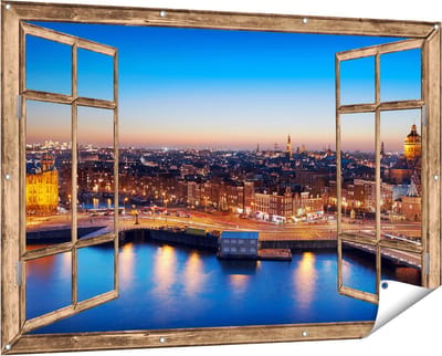Gards Tuinposter Doorkijk Amsterdam Centrum in de Nacht - 150x100 cm - Tuindoek - Tuindecoratie - Wanddecoratie buiten - Tuinschilderij