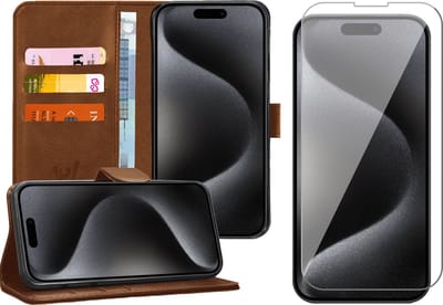 Hoesje geschikt voor iPhone 15 Pro - Screen Protector GlassGuard - Book Case Kunstleer Pasjeshouder Bruin & Screenprotector