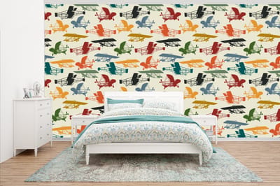 Behang - Fotobehang Patronen - Vliegtuig - Retro - Jongens - Kinderen - Kids - Jongetje - Breedte 500 cm x hoogte 280 cm