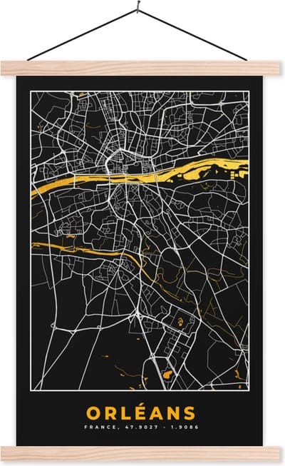 Posterhanger incl. Poster 40x60 cm - Schoolplaat - Frankrijk – Plattegrond – Stadskaart – Orléans - Kaart - Textielposter - Blanke latten - Stadskaart