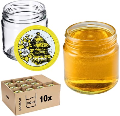 KADAX Kleine inmaakpotten 200 ml jampotten fi66 mm mini-glazen voor honing en specerijen luchtdichte glazen weckpotten ronde glazen (10 stuks bijenstok)