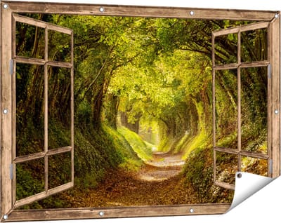 Gards Tuinposter Doorkijk Pad in het Bos met veel Bladeren - 120x80 cm - Tuindoek - Tuindecoratie - Wanddecoratie buiten - Tuinschilderij