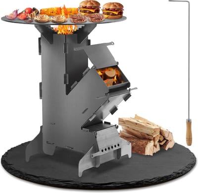 Rocket stove Kachel Kooktoestel Campingkooktoestellen Kookset Buiten Koken BBQ incl. grillplaat en firepitpook