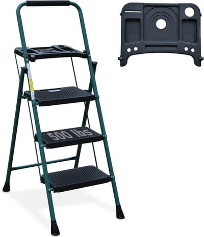 Ladder 3 treden met gereedschapsplatform, breed anti-slip pedaal, robuuste stalen ladder, comfortabele handgreep, lichtgewicht 150 kg draagbare stalen kruk, groen