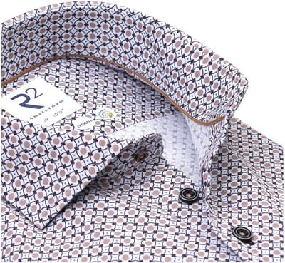 R2 Overhemd Poplin Graphical Print Beige Blue - Maat 38 - Heren - Overhemden Formeel
