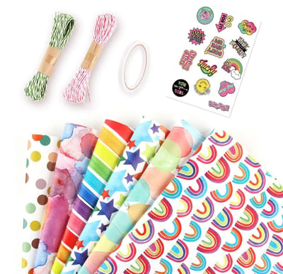 Dailygoods- Cadeaupapier Set 6 Stuks - Verpakking 70x50 cm - Kraftpapier - Stickers - Dubbelzijdig Plakband - Geschikt voor Kinderverpakking - Geschenkpapier