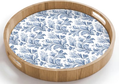 Dienblad rond 40x40 cm - Schootdienblad hout - Bladeren - Blauw - Patroon - Borrelplank rechthoek - Plateau houten dienbladen