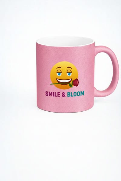 Roze Glitter Mok met Smiley en Roos | "Smile & Bloom" Design Koffie Theemok