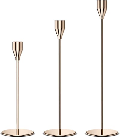 Famanu - Set van 3 gouden metalen kaarsenhouders, hoogtes 33/28/22 cm, modern design voor diner of bruiloft
