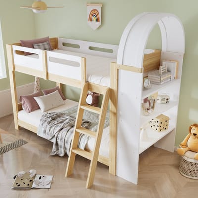 MODENUIT Kinderstapelbed 90x200cm – Drietrapsladder en veiligheidshek – Open 3-vaks rek – Grenen en MDF – Zonder matras – Wit/Naturel