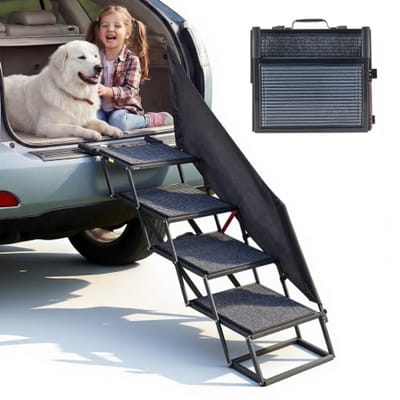 VEVOR opvouwbare hondenhelling met 4 treden voor auto's, extra brede hondenhelling voor grote honden met antislipoppervlak, toegangshulp voor auto's, SUV's, vrachtwagens, hoogslapers, banken, opklapbare trap met een draagvermogen tot 180 kg