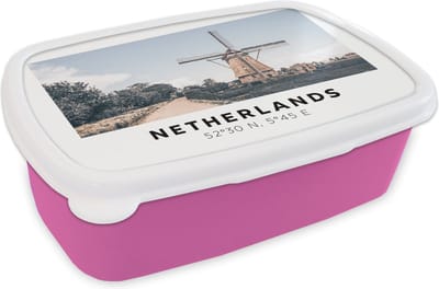 Broodtrommel Roze - Lunchbox - Brooddoos - Nederland - Windmolen - Zomer - 18x12x6 cm - Kinderen - Meisje