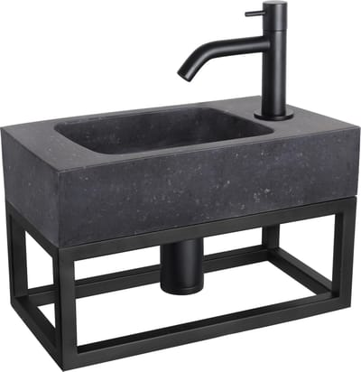Differnz Fonteinset Bombai black - Natuursteen - Kraan gebogen mat zwart - Met handdoekrek - 40 x 22 x 9 cm