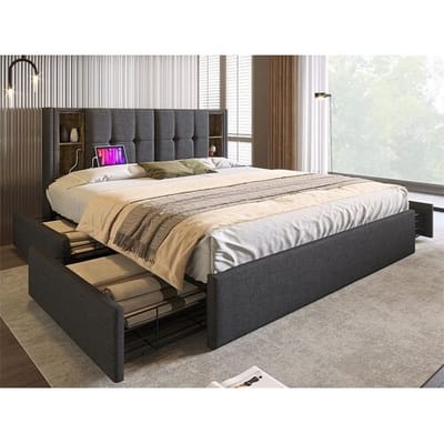 ModernLuxe Bed met lades 160x200cm opgevuld met linnen - met draadloos opladen en lattenbodem - Grijs