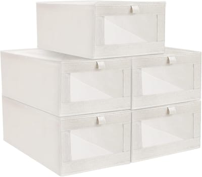 Set van 5 opbergdozen voor kledingkast - Katoenen linnen opbergers, inklapbare opslag voor kleding, beddengoed en speelgoed in beige
