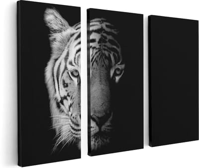 Artaza Canvas Schilderij Drieluik Tijgerkop - Tijger - Zwart Wit - 120x80 - Foto Op Canvas - Canvas Print