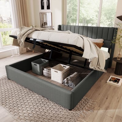 Wishdor Luxe Opbergbed 160x200 cm - Wingback Hoofdbord met Oren - Hydraulische Lift - Linnen Grijs - Tweepersoonsbed